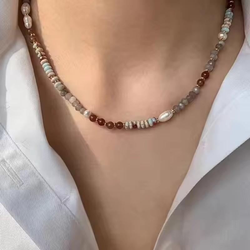 Crystal Pearl Stone Handmade Beaded Chain Necklace Bracelet Women Jewelry