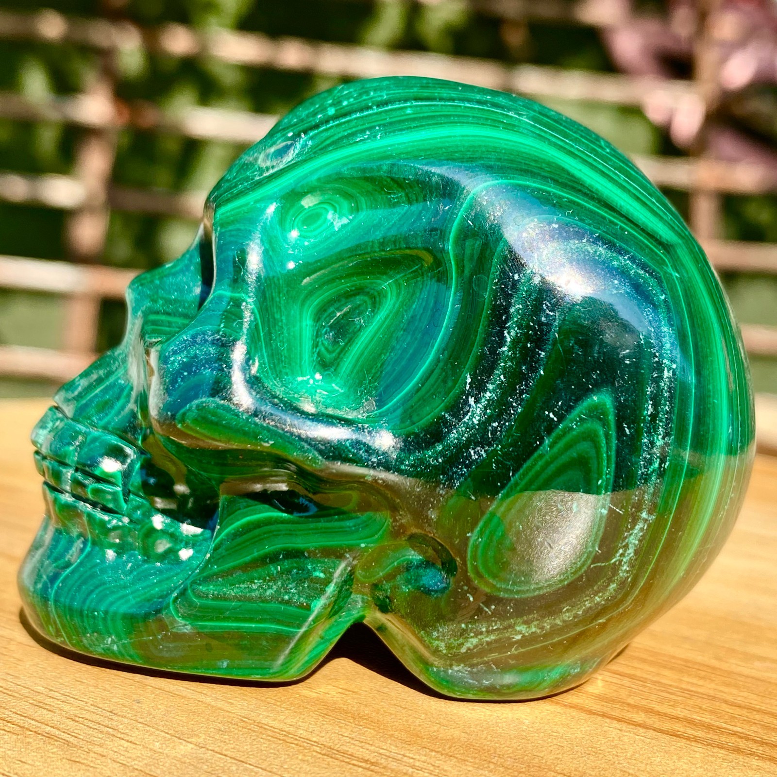 391G Malachite Crystal Skull, Hand Carved Gemstone Fine Art Sculpture