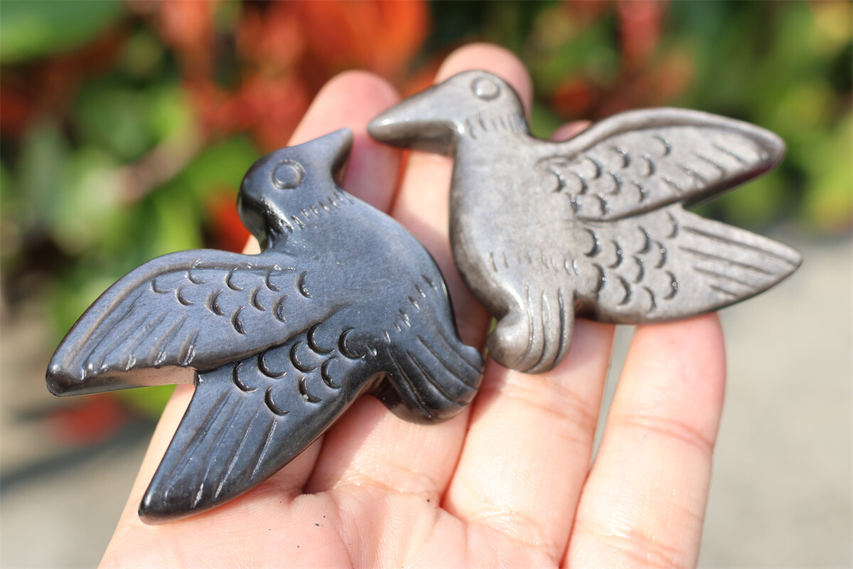 2.3” Hand Carved Natural Silver obsidian Hummingbird Crystal figurine gift 1x