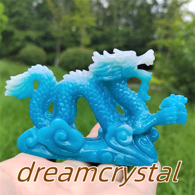 4″ Blue Luminous Stone Sculpture Chinese Dragon Resin Sculpture Skull Gift 1pc
