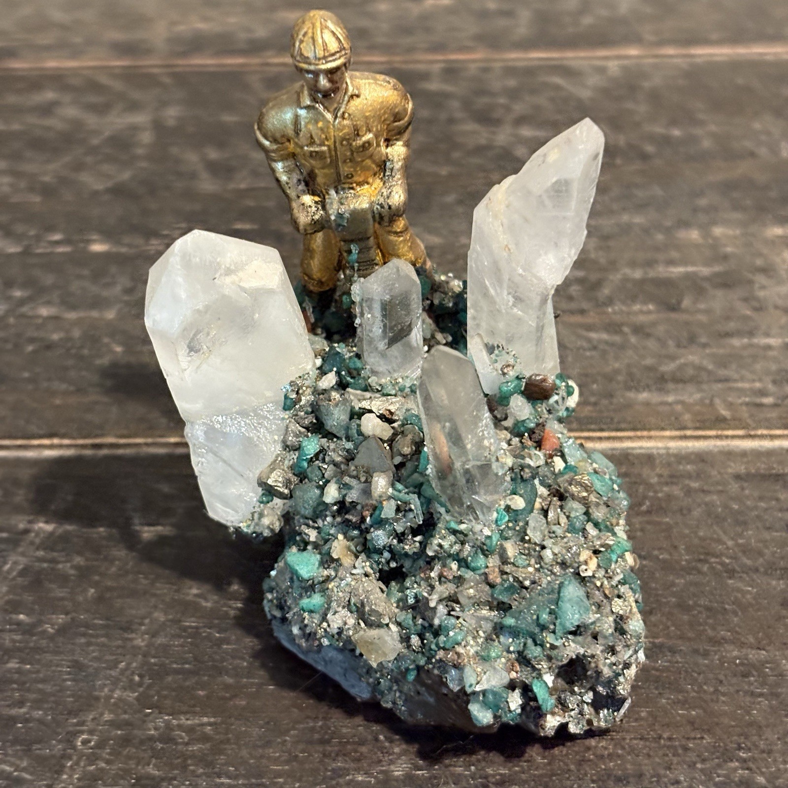 Brass Miner Figurine Quartz Crystal Cluster Malachite Base Mineral Specimen