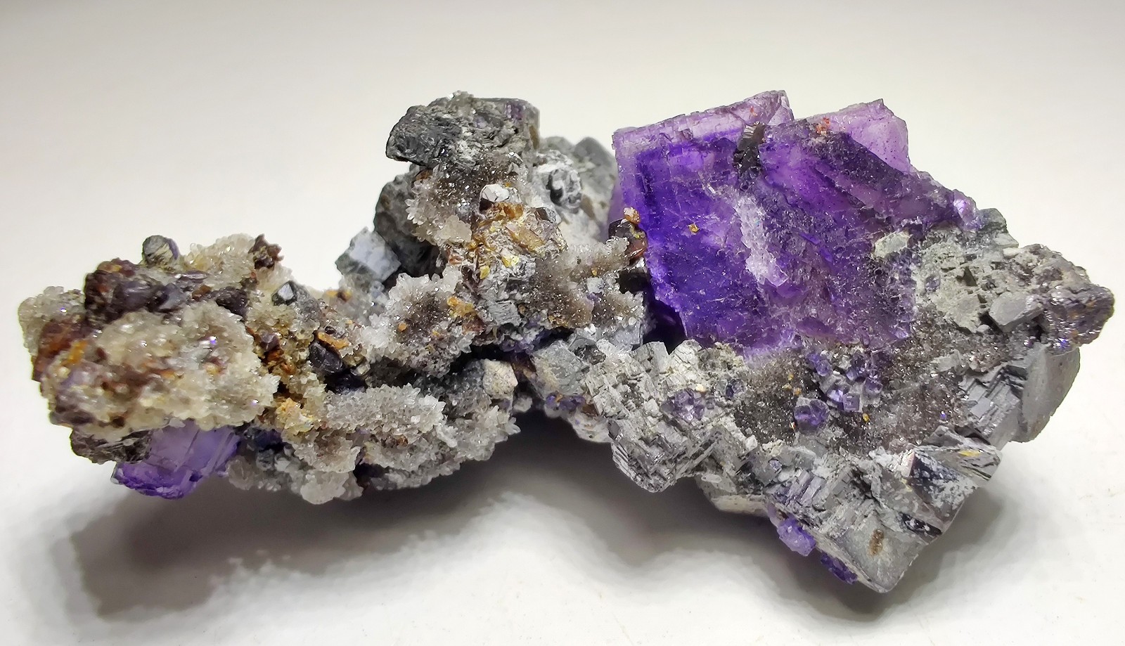 Fluorite on Galena, Sphalerite, Quartz crystals. Illinois. 25 grams.