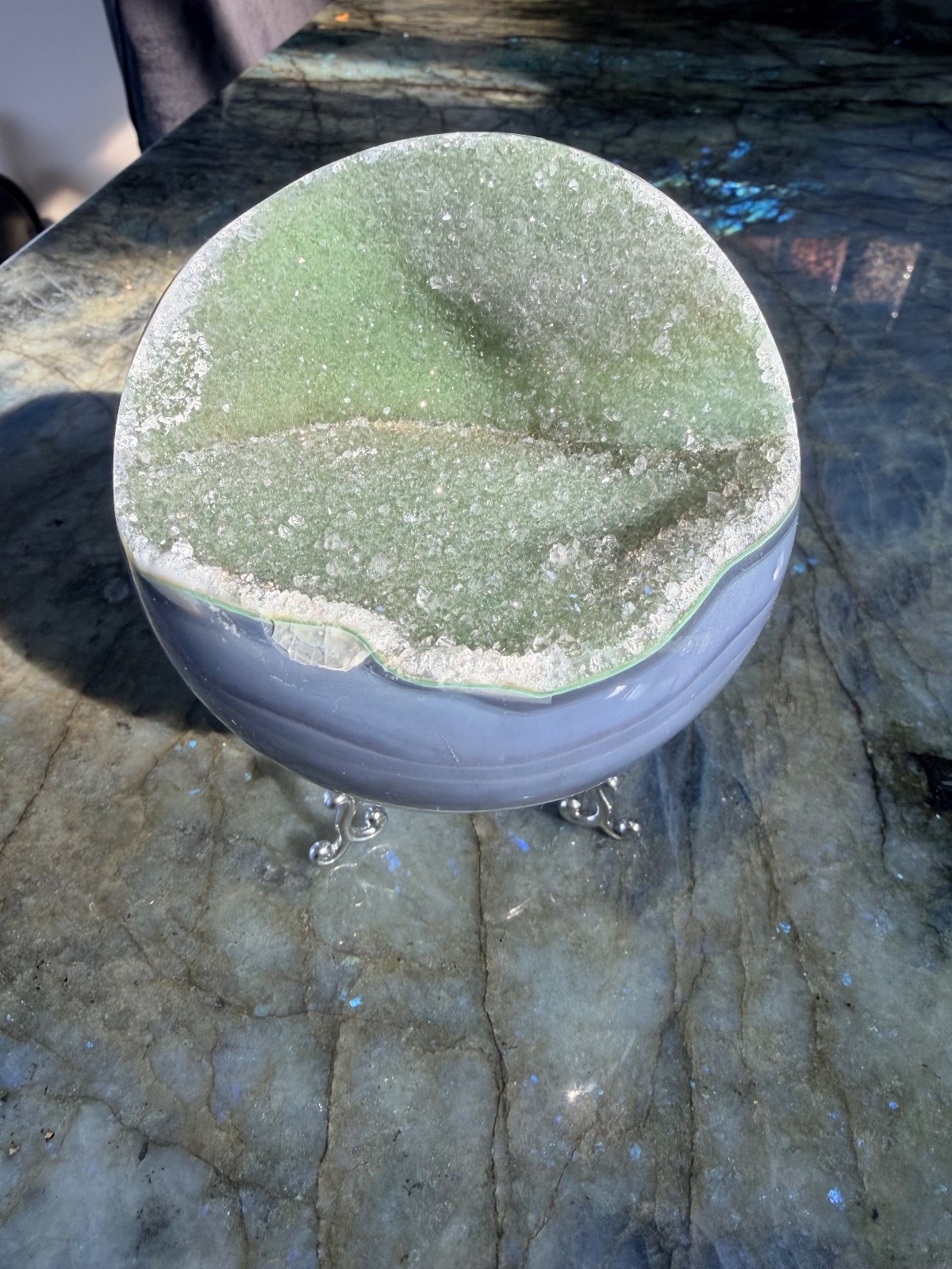 Druzy Green Rainbow Amethyst Sphere with Blue Agate Banding From Uruguay, 4.07″