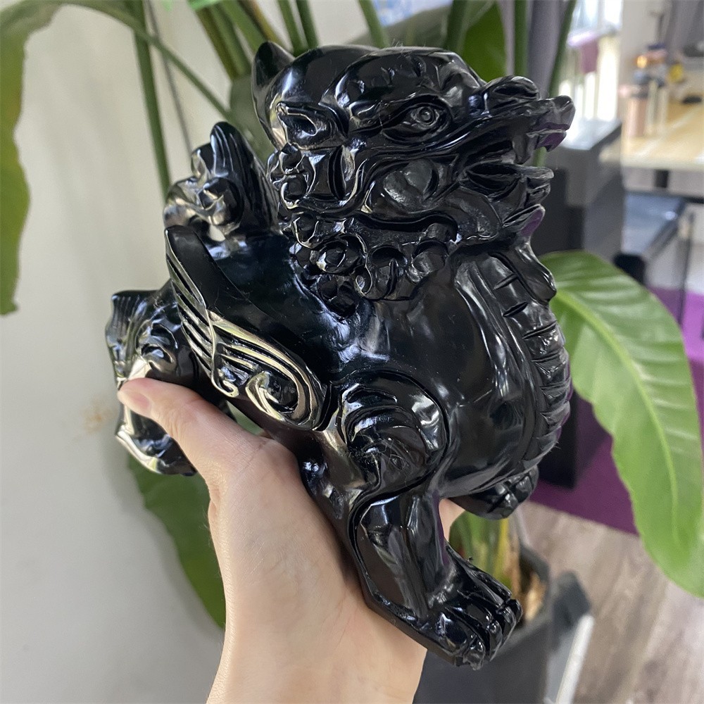 3.9LB 5.5″Natural A+Black Obsidian Kylin Statue Crystal Reiki Carving Decor