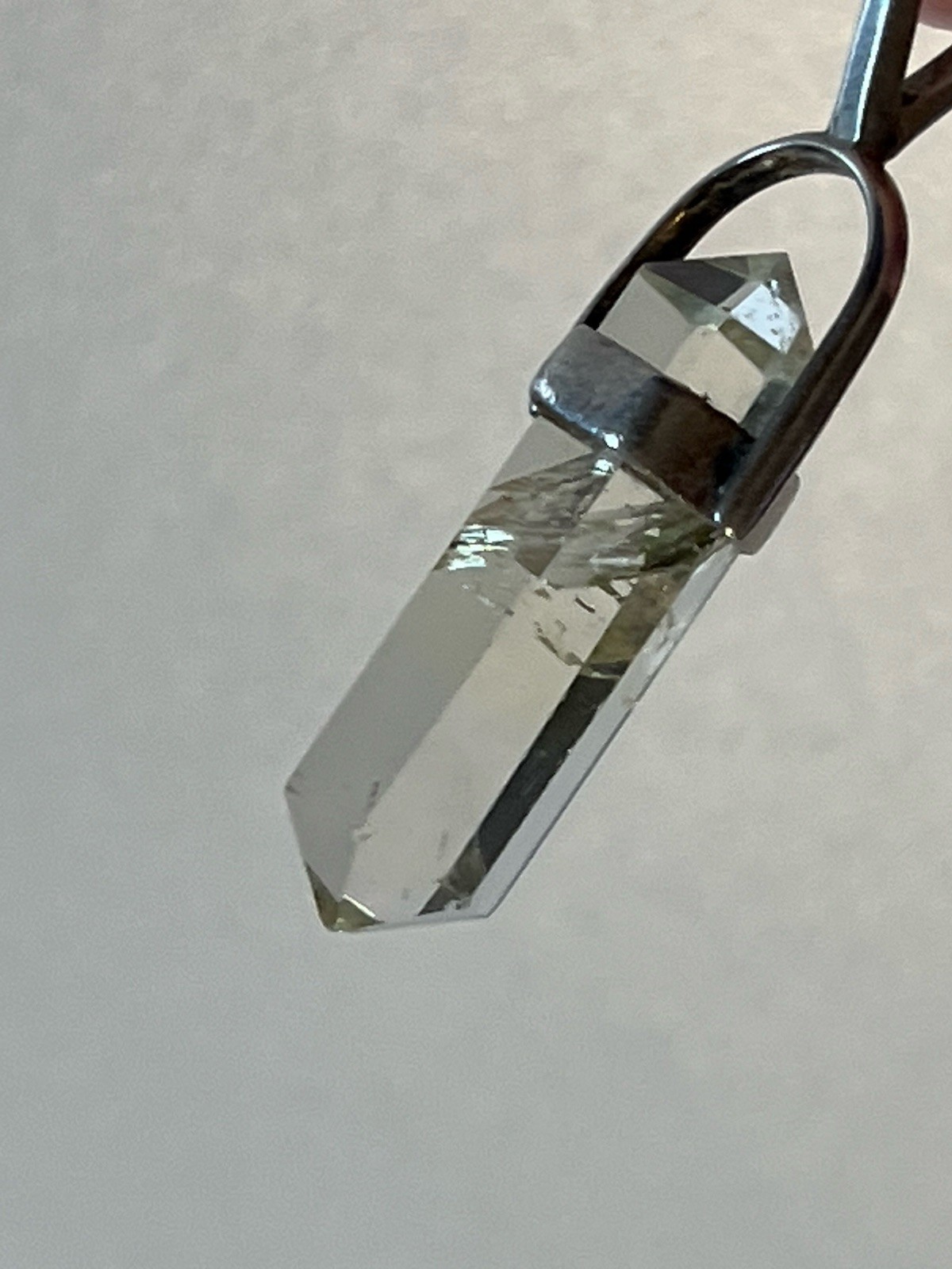 Green Phantom Quartz Pendant Double Terminated Clear Crystal Silver Hoop 6.9g