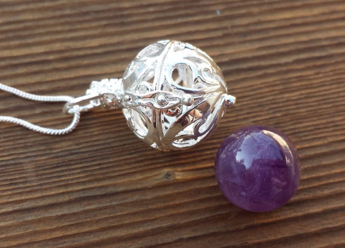 ROUND FILIGREE CAGE PENDANT WITH AMETHYST SPHERE CRYSTAL PENDANT