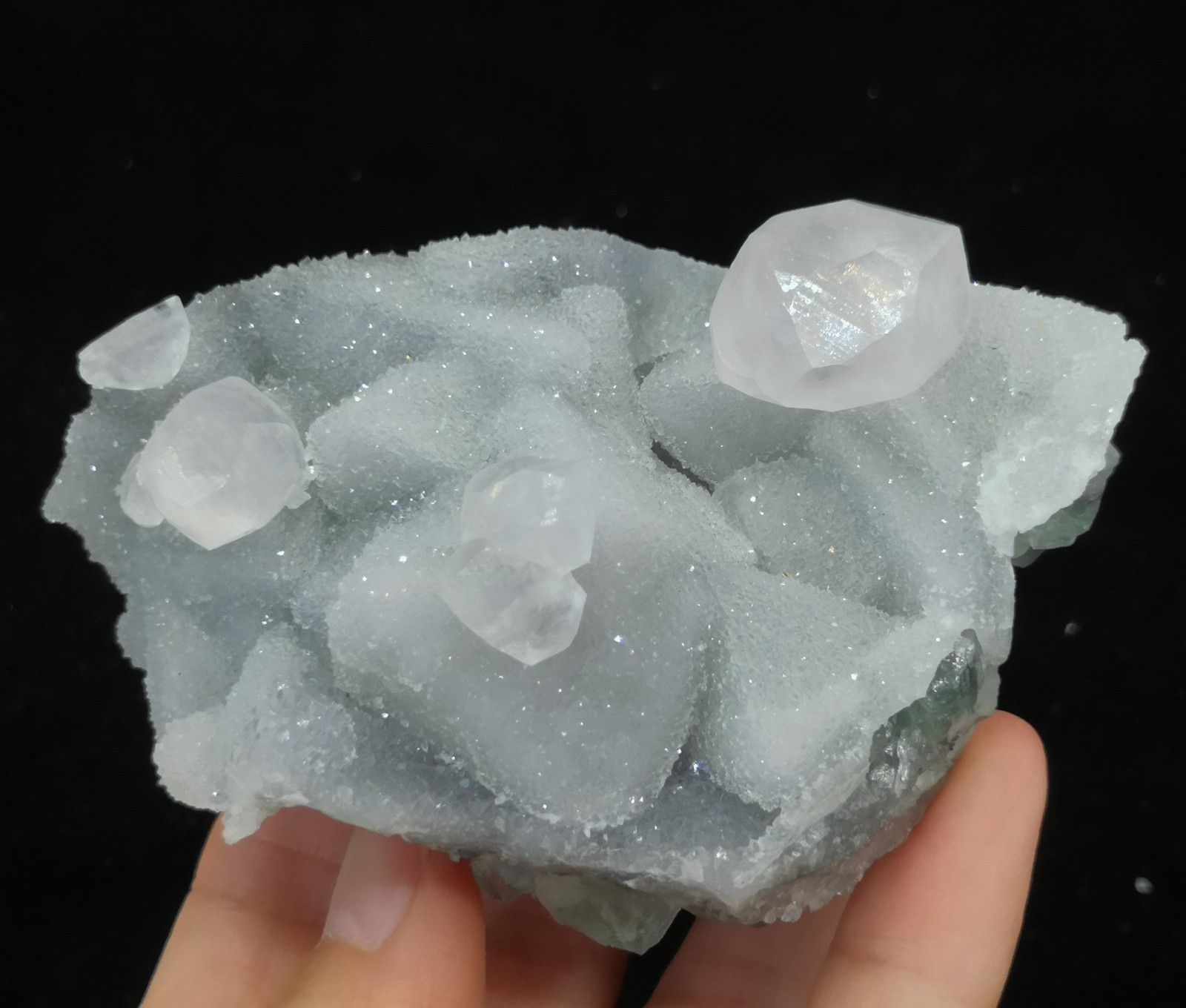 Clear Calcite on sparkling Quartz coated Octahedron Green Fluorite, 88mm 235g