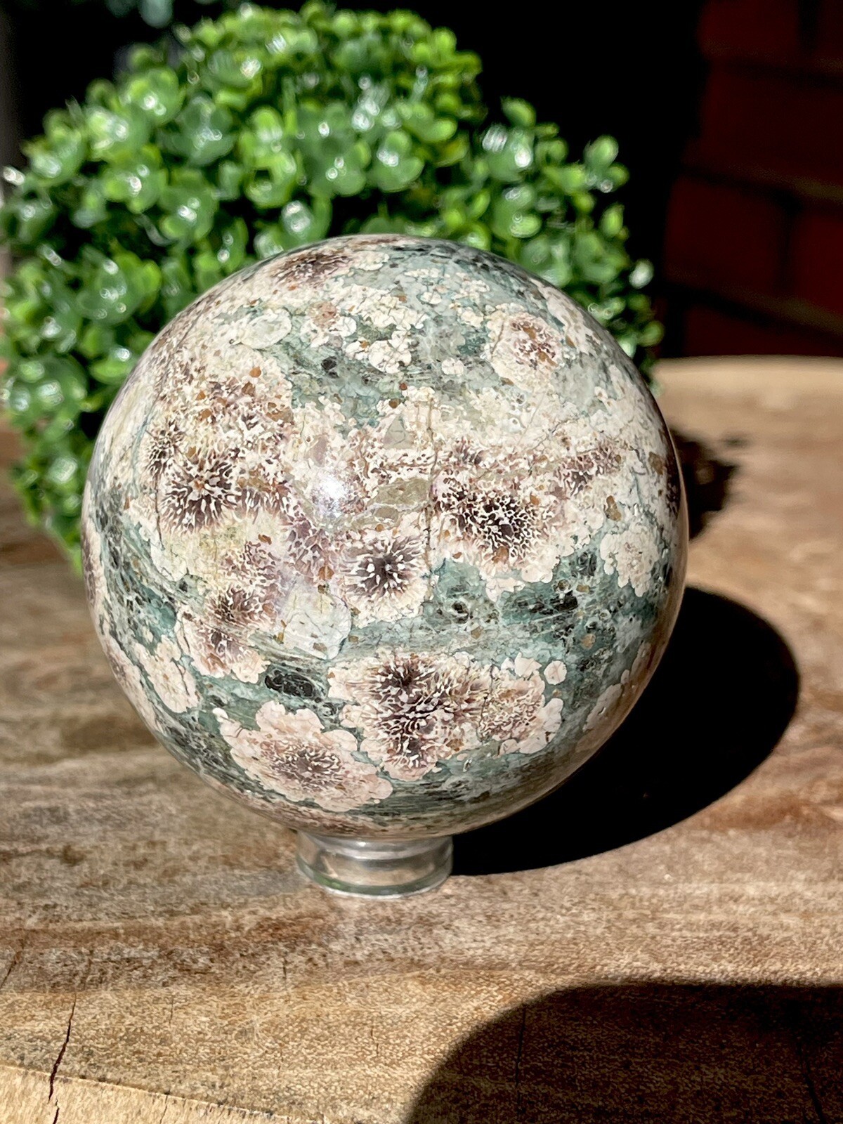 Natural Flower Jasper Sphere , Rhyolite Polished Orb , Green Russian Jasper 61mm