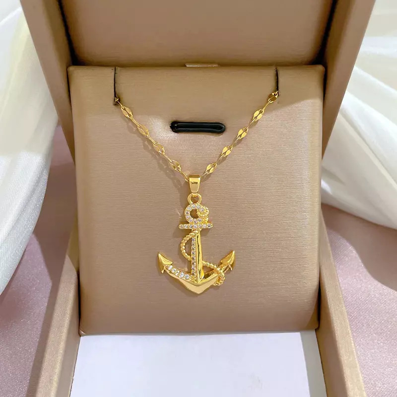 Women’s Fashion Jewelry Gold Cubic Zircon Anchor Pendant Necklace 1PC