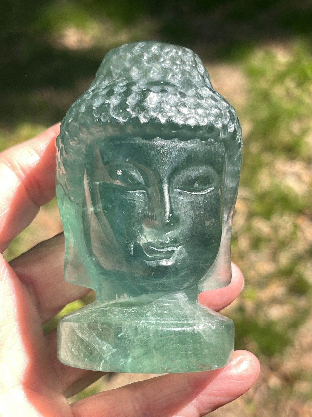 UV Reactive Green Fluorite Buddha Head Carving Crystal Statue 3.5” China