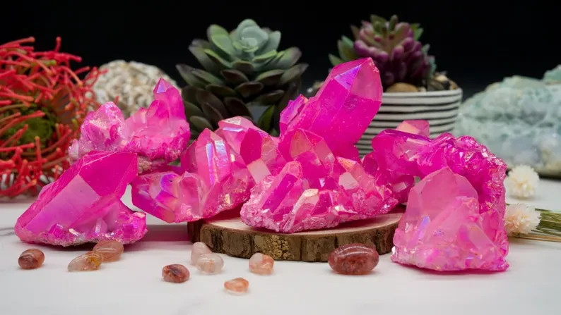 Hot Pink Aura Quartz Cluster Gorgeous Titanium Ore Coated Angel Aura Quartz