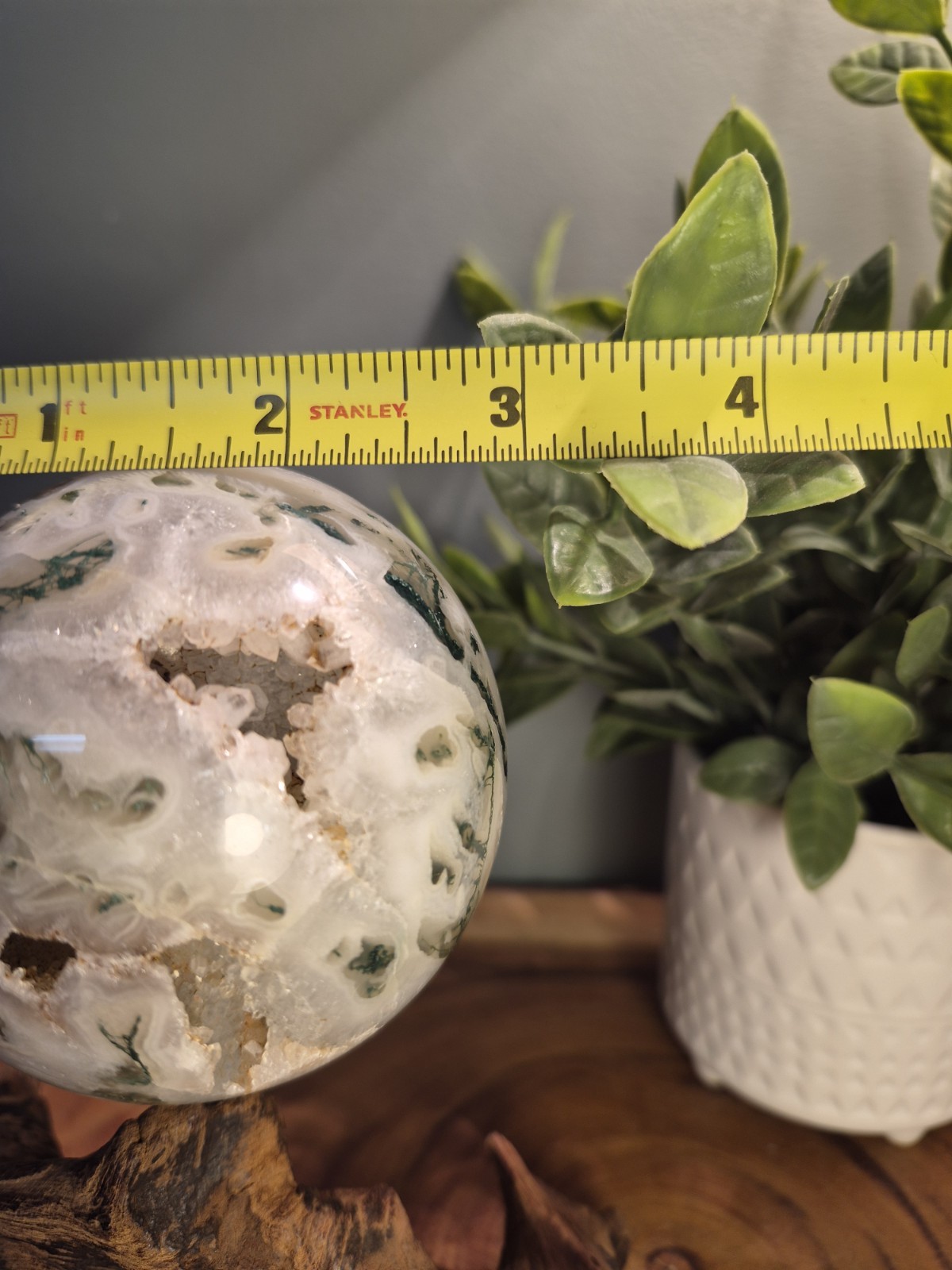 Large Green Moss Agate Sphere With Druzys