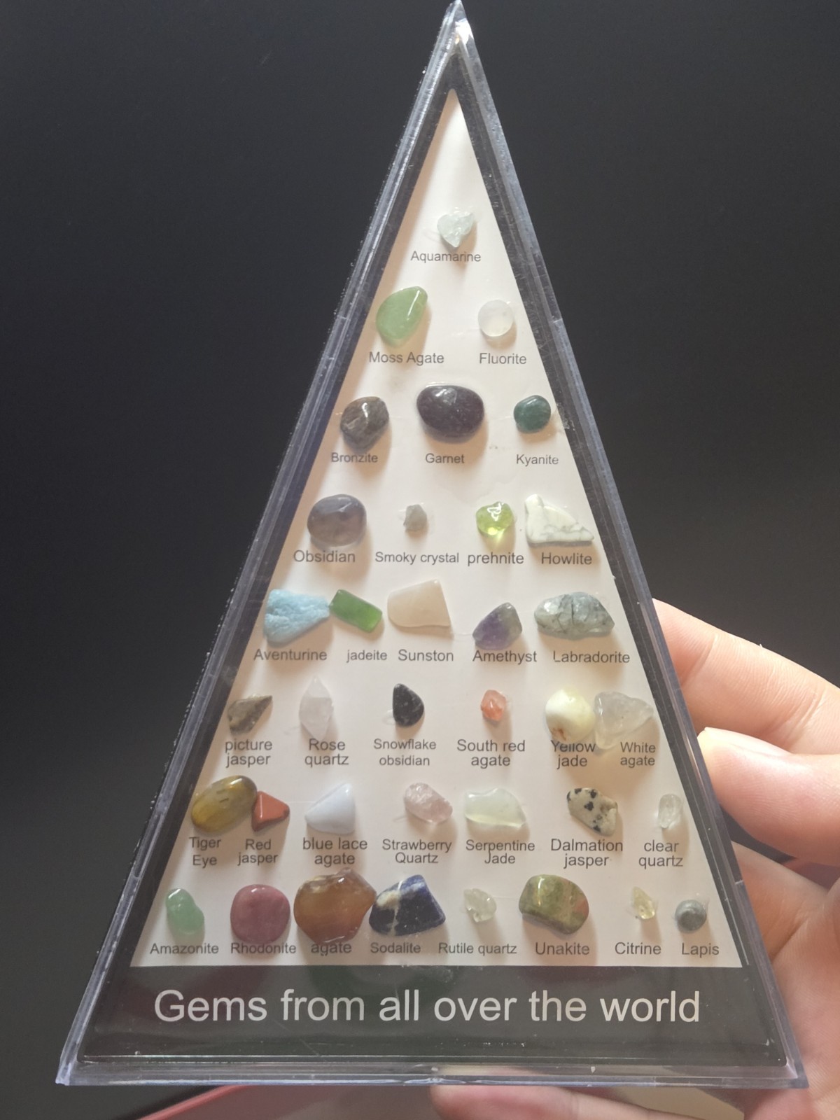 Gems, Crystals, Stones, Rocks, From All Over The World In Triangle Display Box