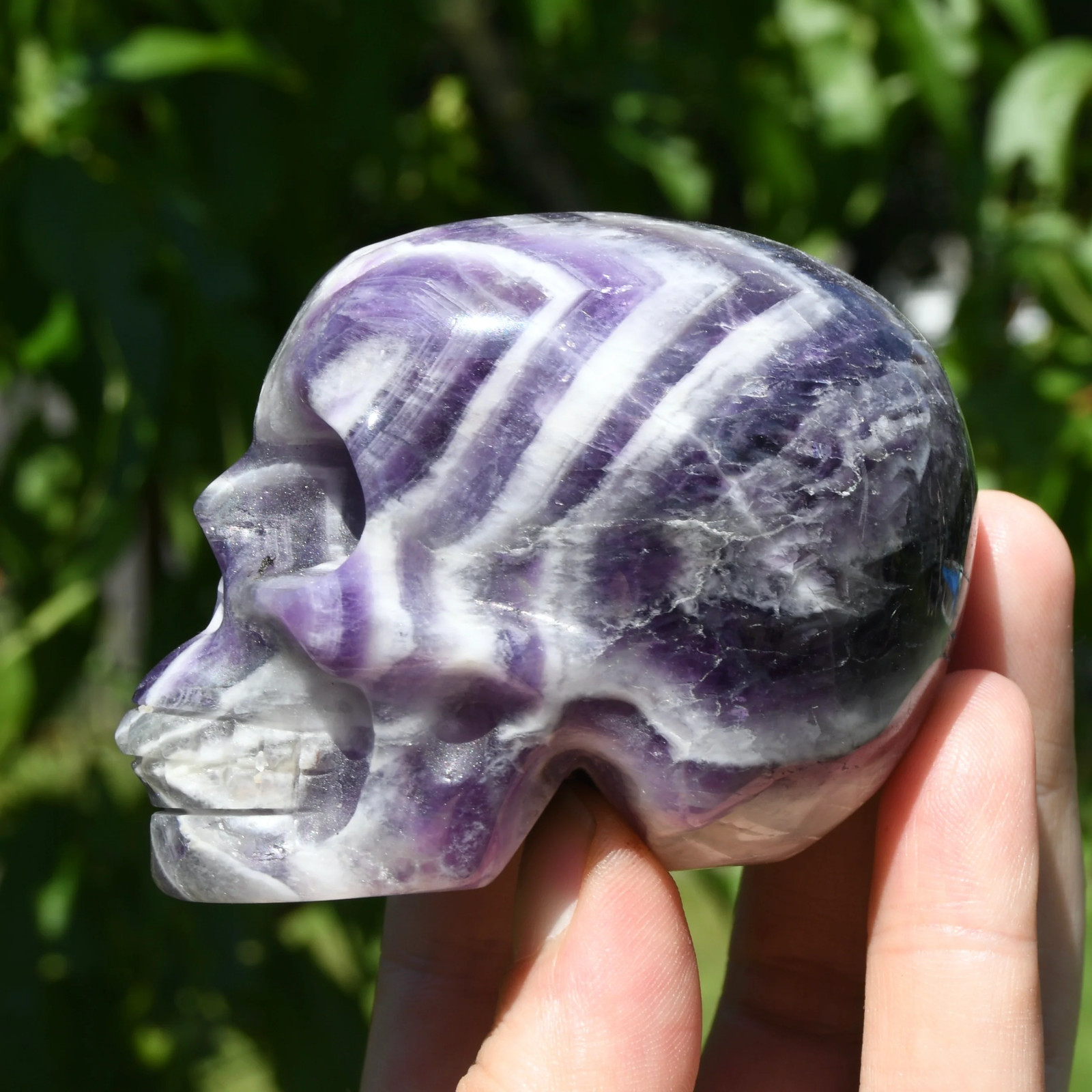 3in Chevron Dream Amethyst Crystal Skull, Realistic Gemstone Carving