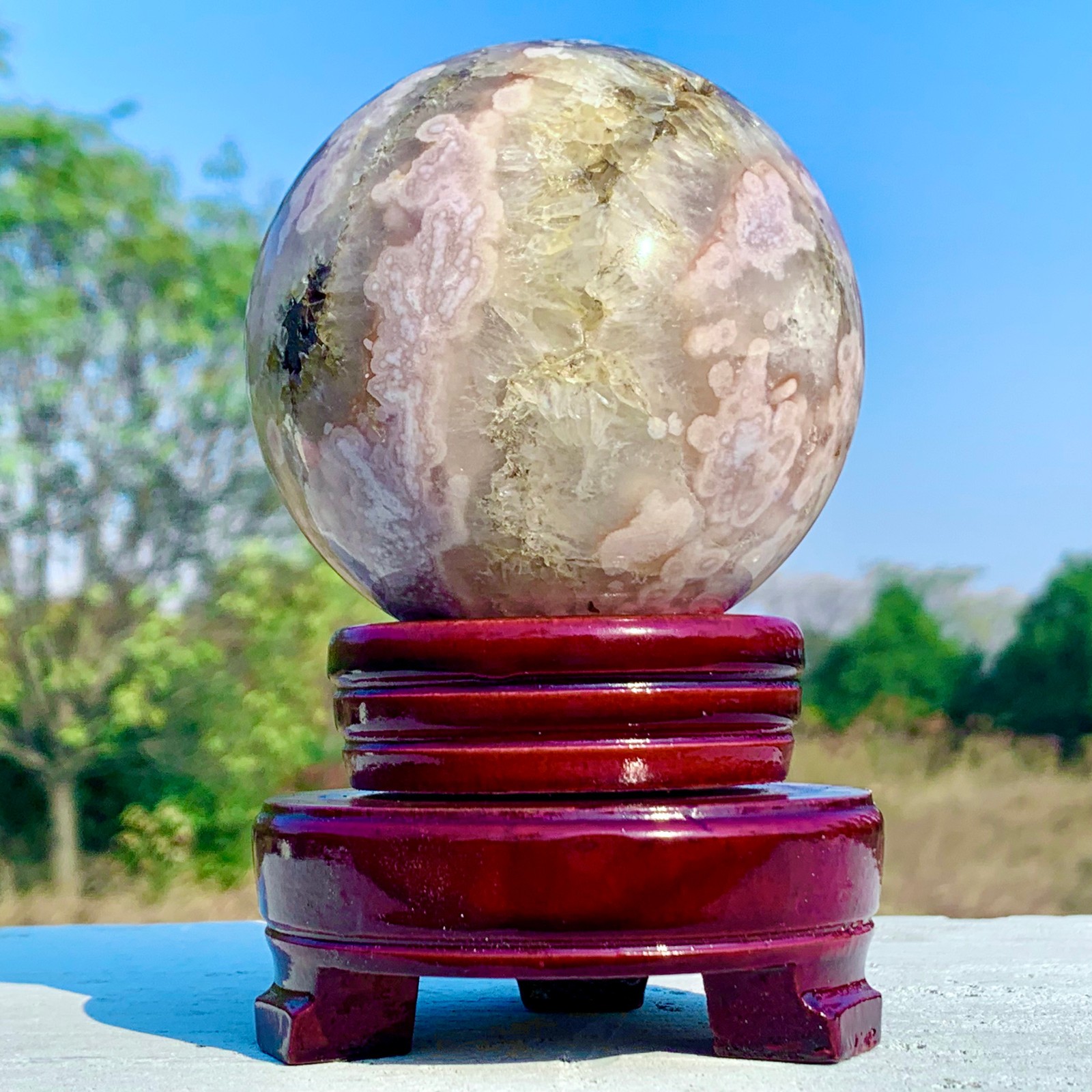 1.92LB Natural Pink Cherry Blossom Agate Geode Quartz Sphere Crystal Energy Ball