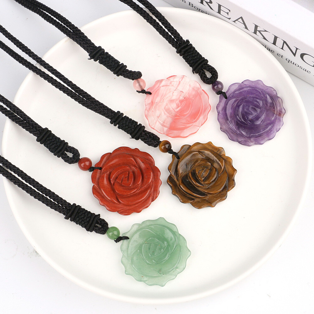 Natural 35mm Crystal Carved Rose Flower Necklace Gemstone Reiki Pendant Charm