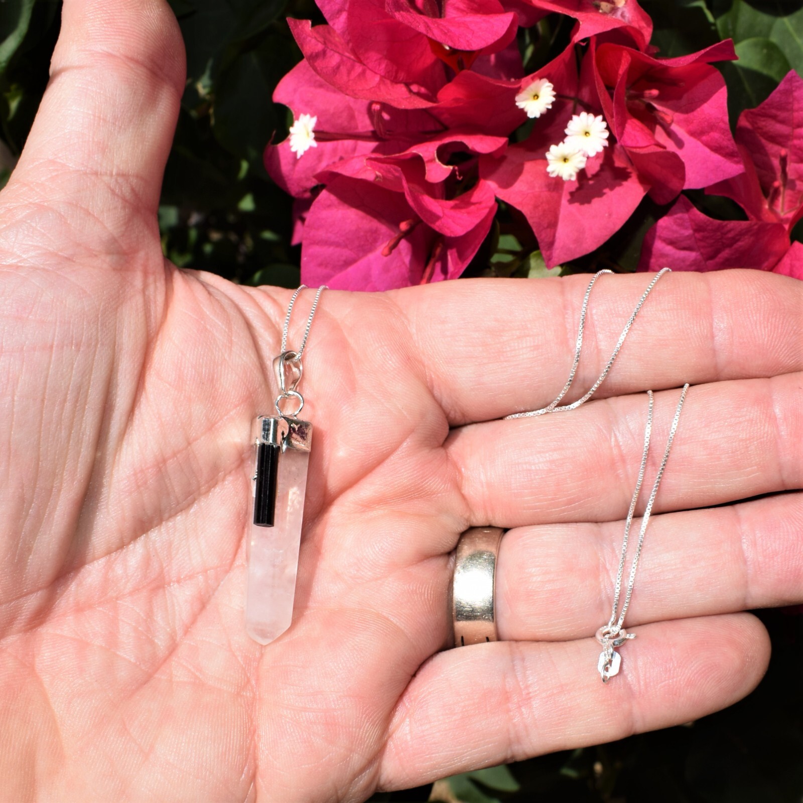 Charged Rose Quartz + Black Tourmaline Pendant + 20″ 925 Chain + Selenite Heart