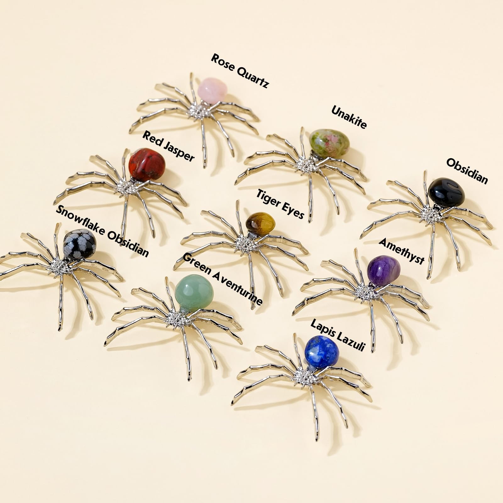9 PCS Natural Crystal Polished Tumbling Stone Silver Alloy Spider 1.96 Inch