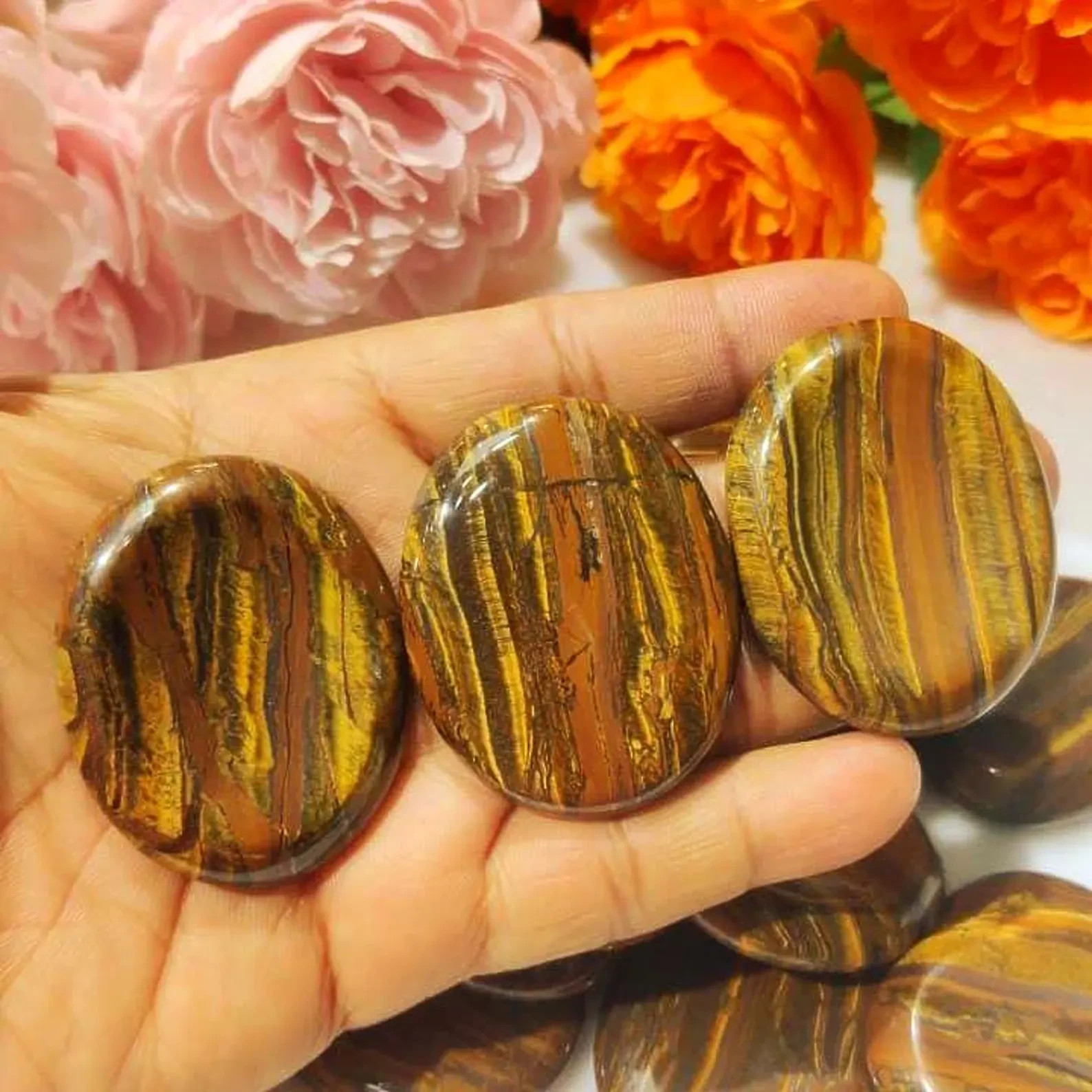 3pcs Tiger Eye Worry Stone Healing Palm Stone Energy Mineral Specimens Decor