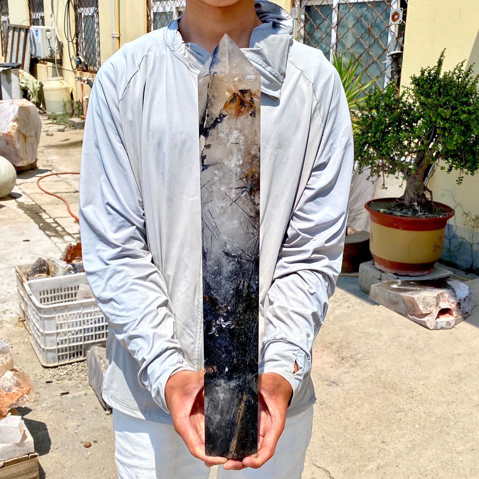 11LB Natural black hair and white crystal symbiotic aura gem mineral point
