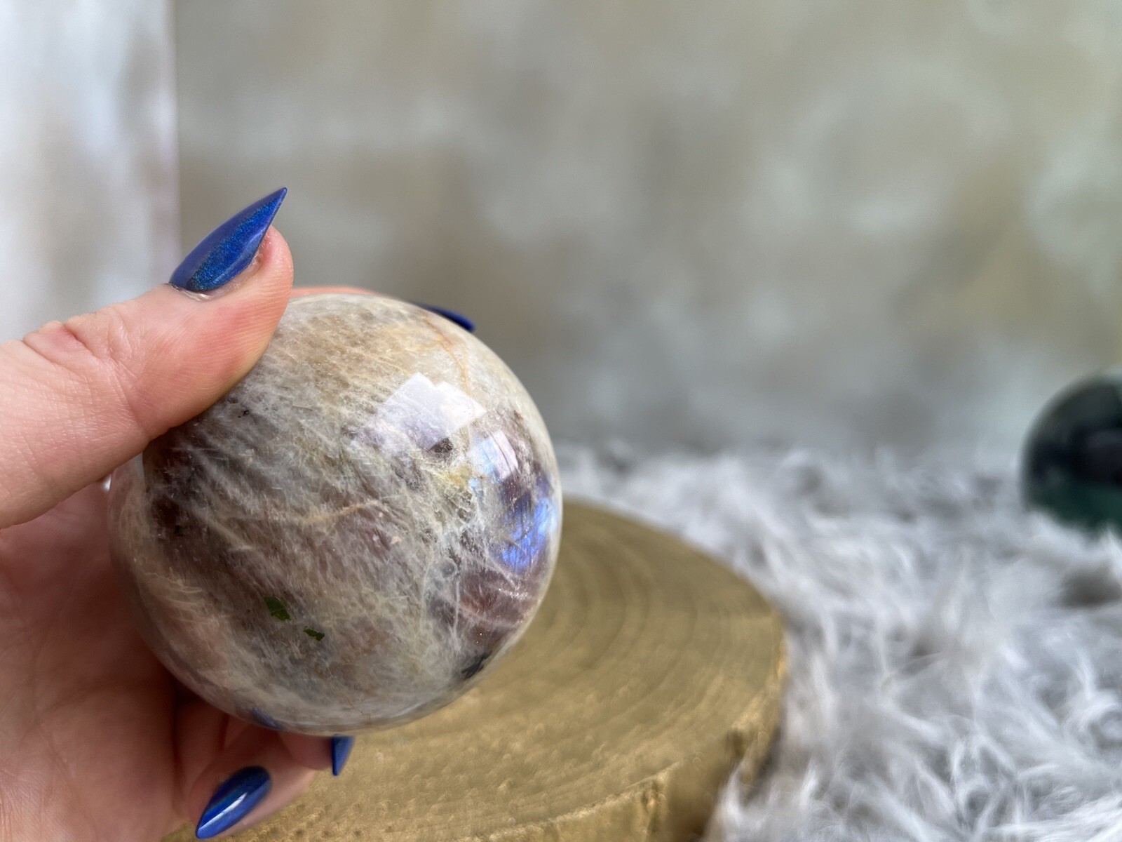 Flashy Blue, Belomorite Sun in Moonstone Sphere