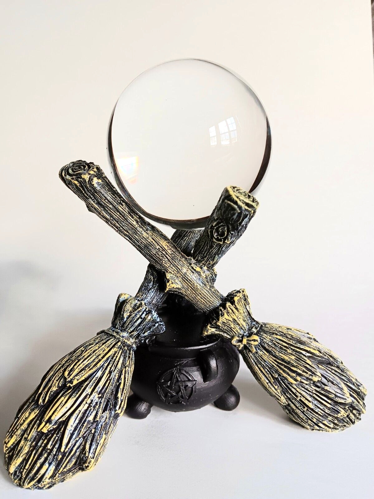 K9 80mm Clear Crystal Ball with Witch Broomstick & Cauldron Stand