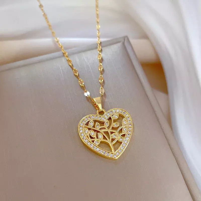 Women Fashion Jewelry Cubic Zircon Gold Tree Of Life Heart Pendant Necklace 1PC