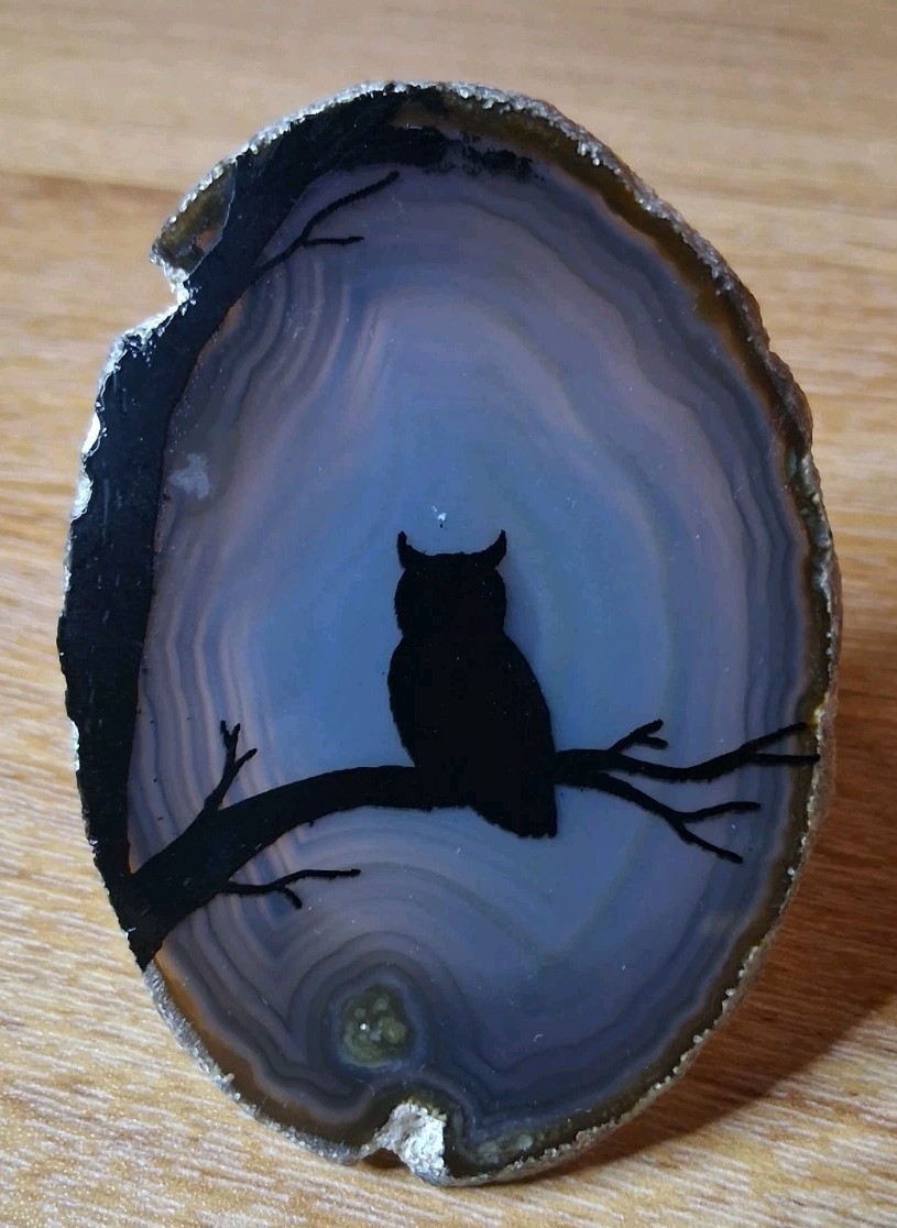 Owl Full Moon Night Light Natural Agate Slice Goth