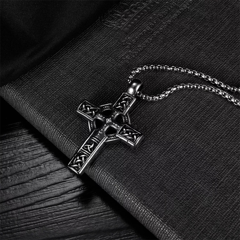 Mens Irish Celtic Trinity Knot Cross Pendant Necklace Stainless Steel Set 1PC