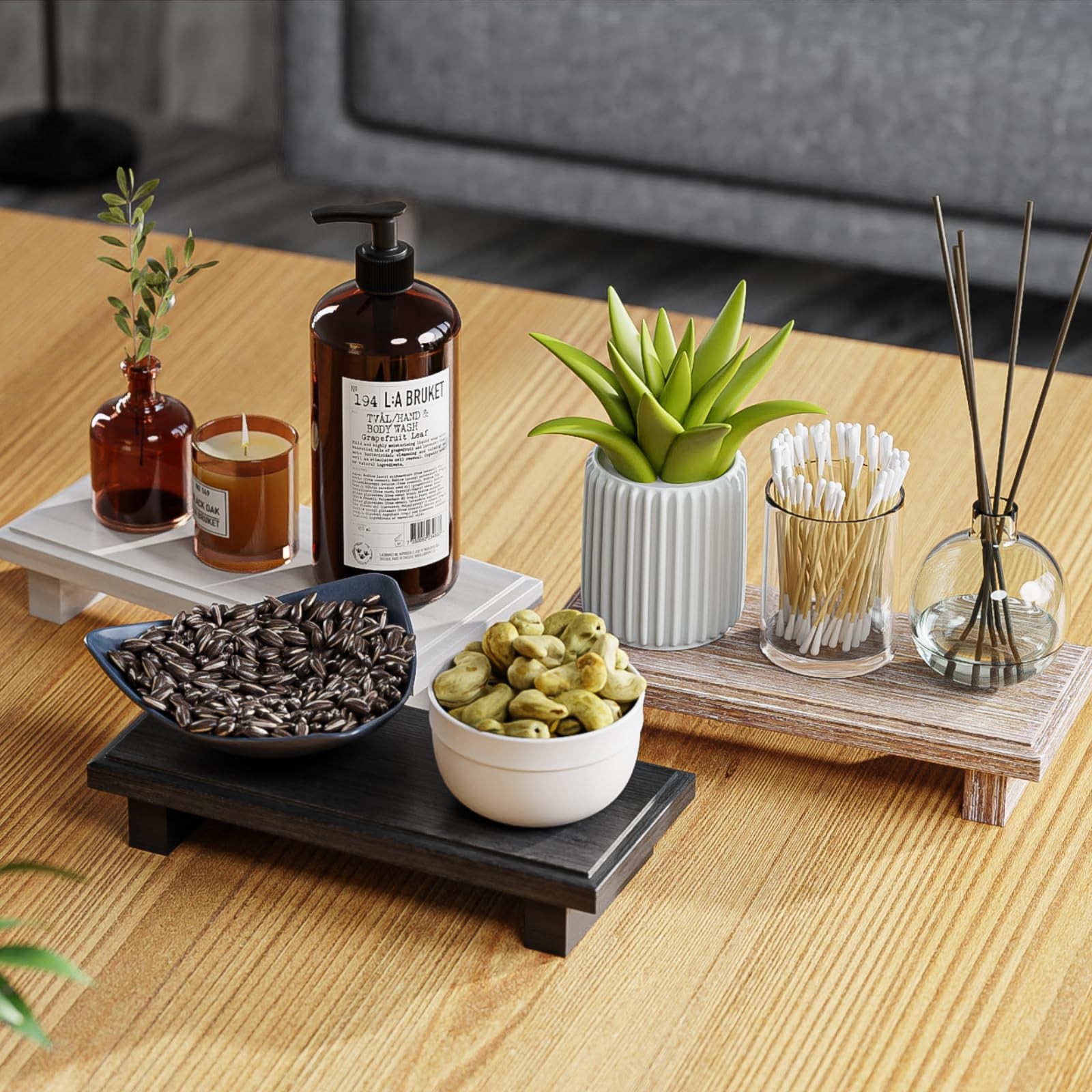 Bathroom Counter Organizer Wood Pedestal Stand Farmhouse Decorative Tray Soap…