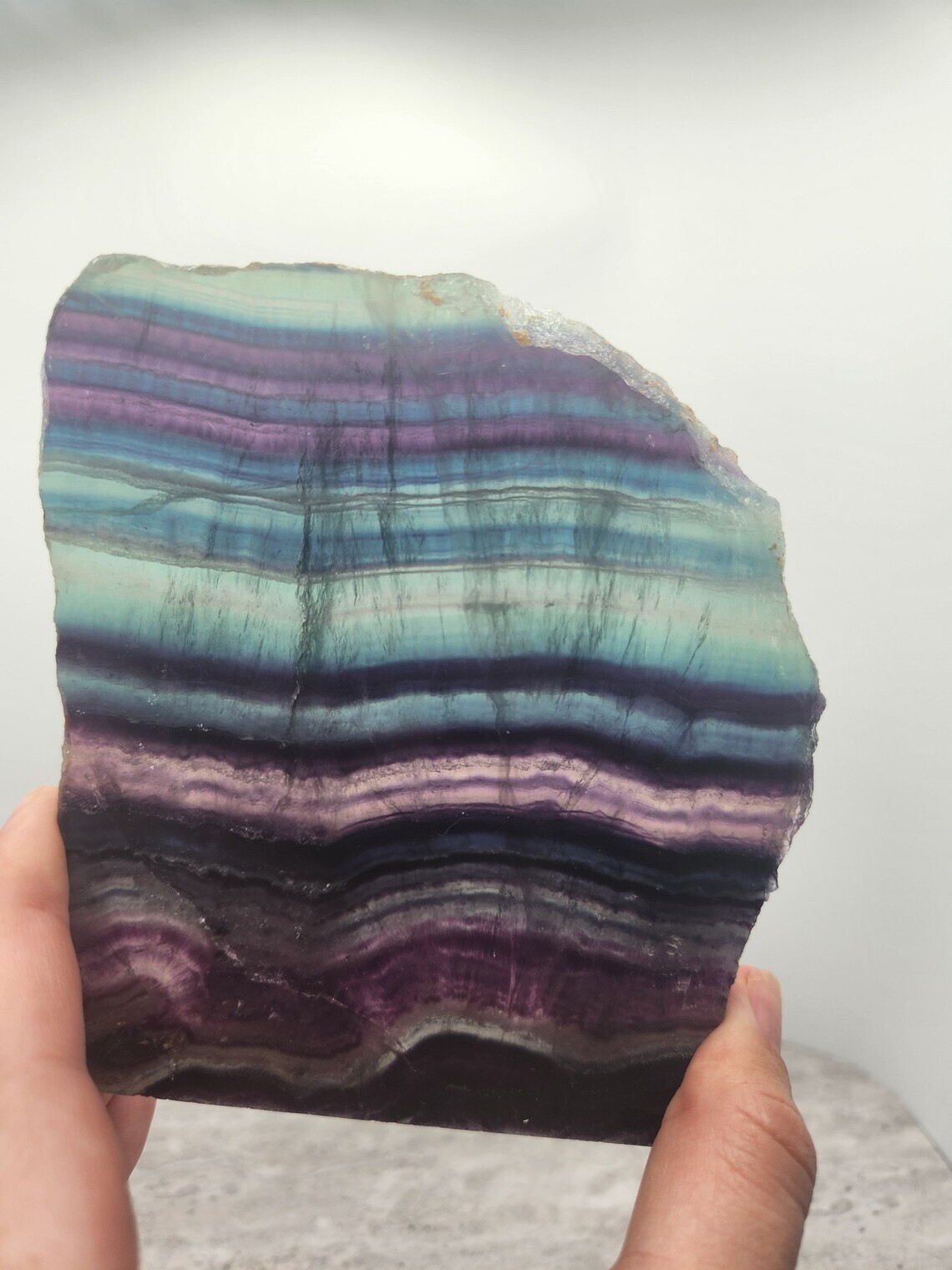 Colorful Rainbow Fluorite Freeform Slab Crystal with Black Metal Stand
