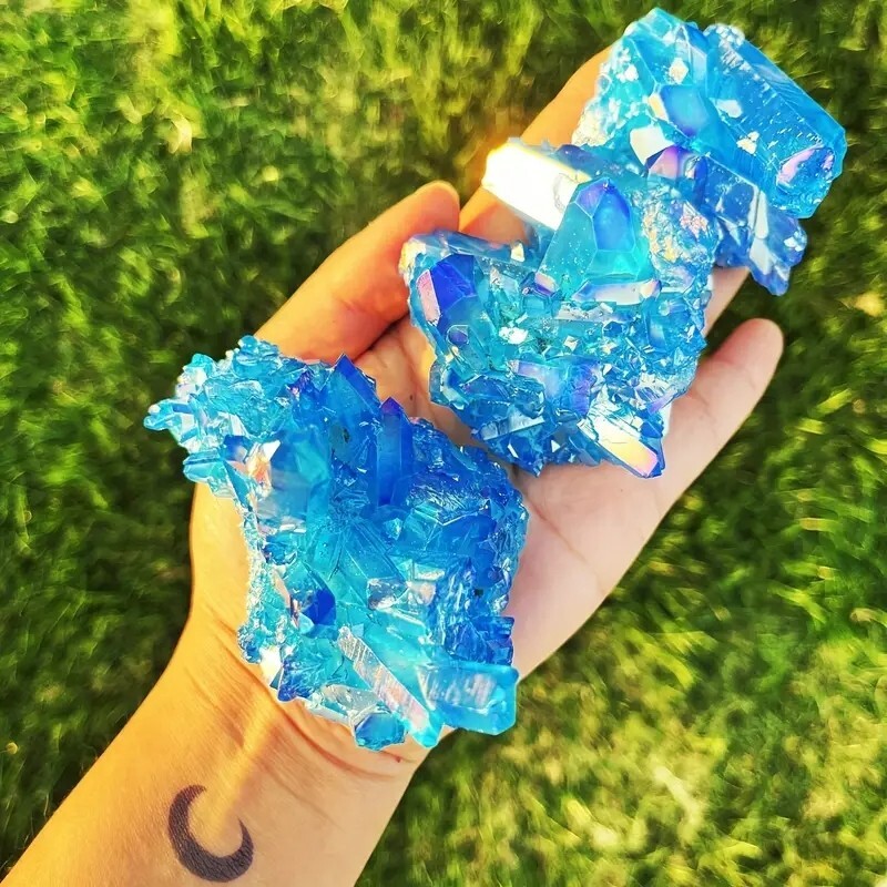 80-100g Titanium Aura Blue Crystal Rainbow Healing Cluster Geode Rock Decor Gift