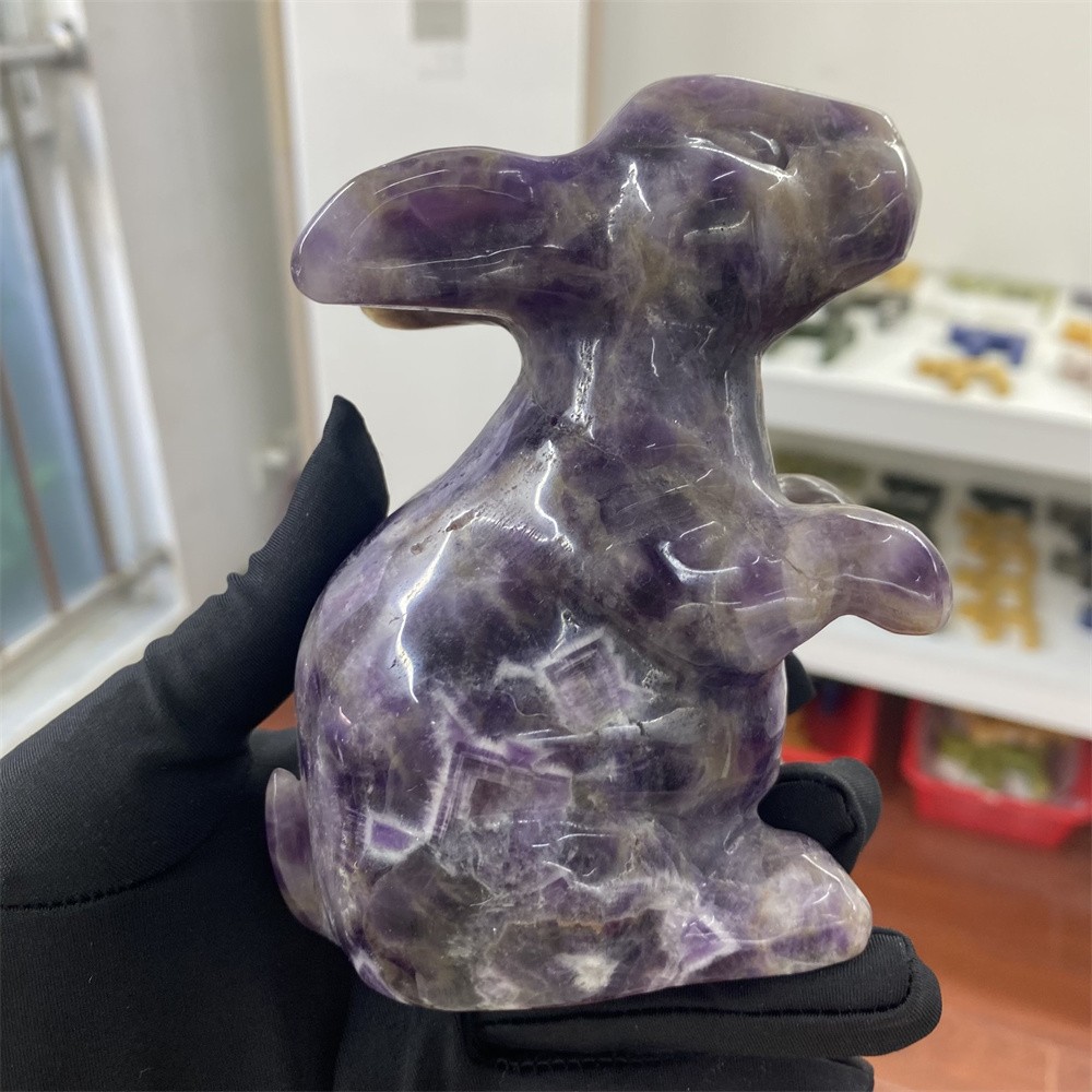 1.6LB 4.5″Natural Dream Amethyst Bunny Statue Crystal Reiki Carving Rabbit Decor