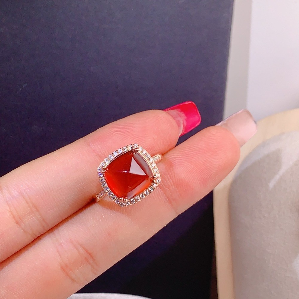 Natural Red Garnet Adjustable Ring Gemstone Jewelry S925 Silver Plated 18K Gold