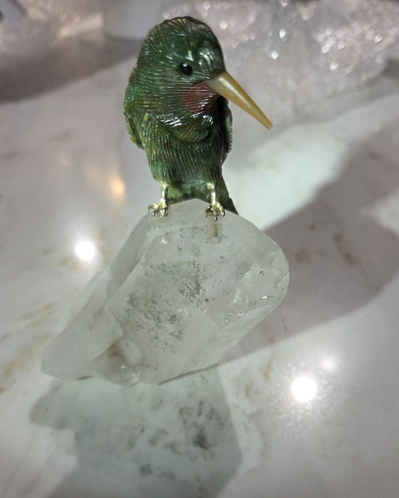 Peter Müller Carved Gemstone Hummingbird on Tourmalinated Quartz Crystal 4.5″