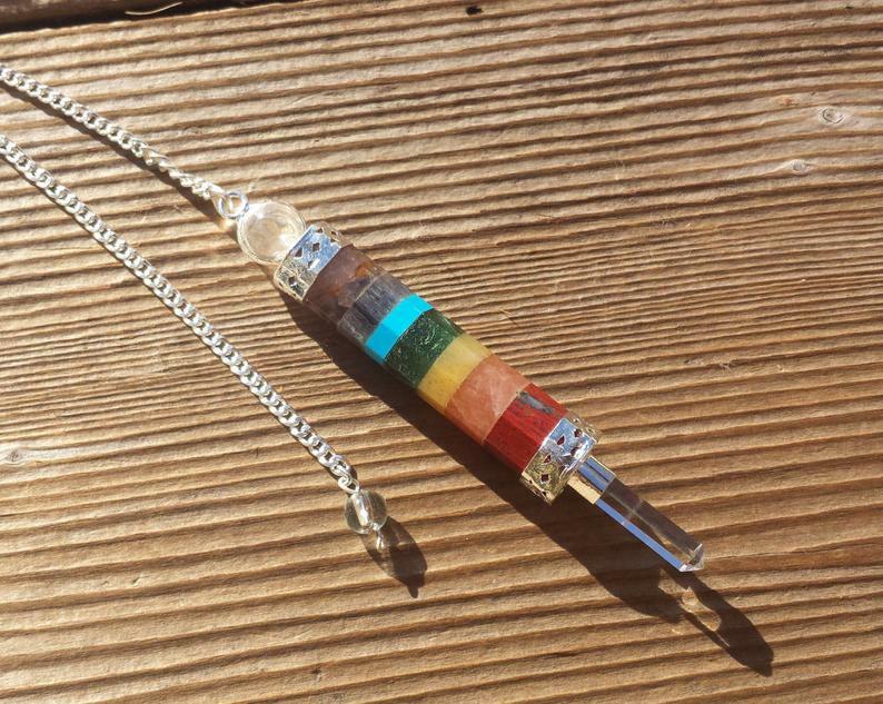 7 CHAKRA BONDED NATURAL GEMSTONE 3 STONE WAND PENDULUM (ONE)