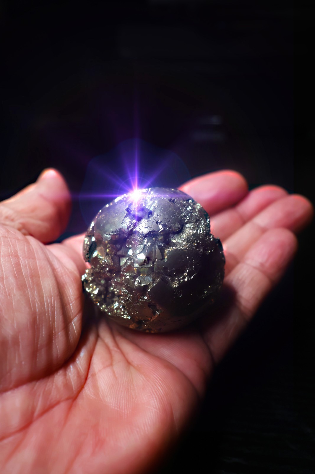Pyrite Crystal Sphere with Plastic Display Base – Metallic Textured Mineral Ball
