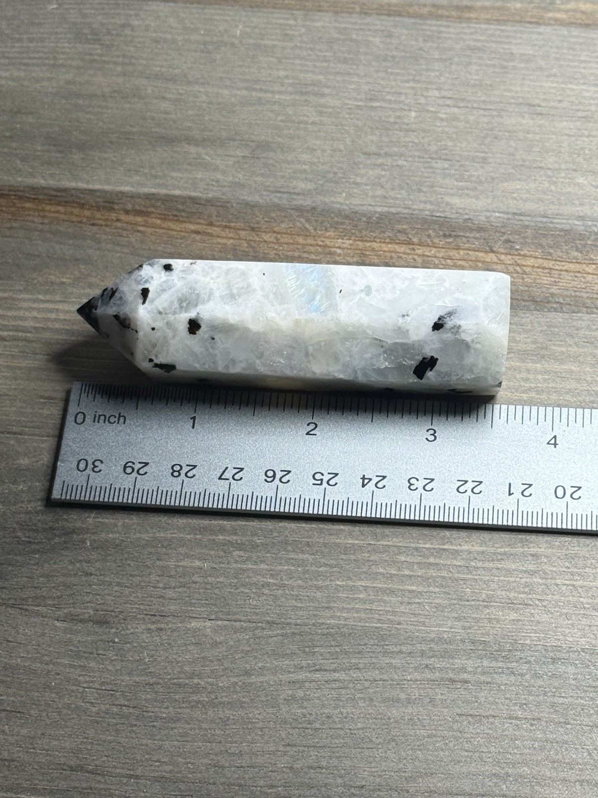 Rainbow Moonstone Crystal Tower Blue Flash Black Tourmaline Inclusion 3.5”