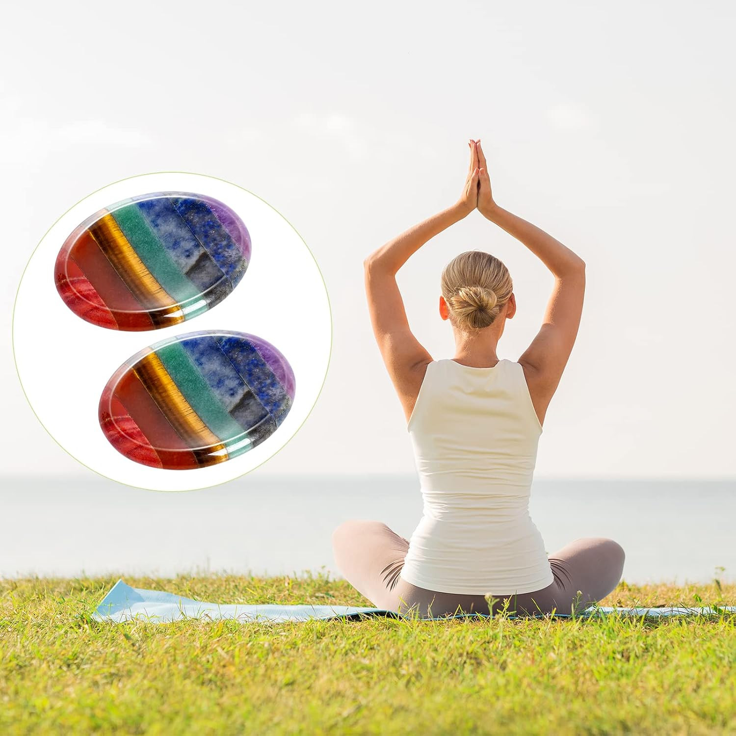 Marrywindix 2 Packs Natural Thumb Worry Stone Set 7 Chakra Crystals Healing Ston