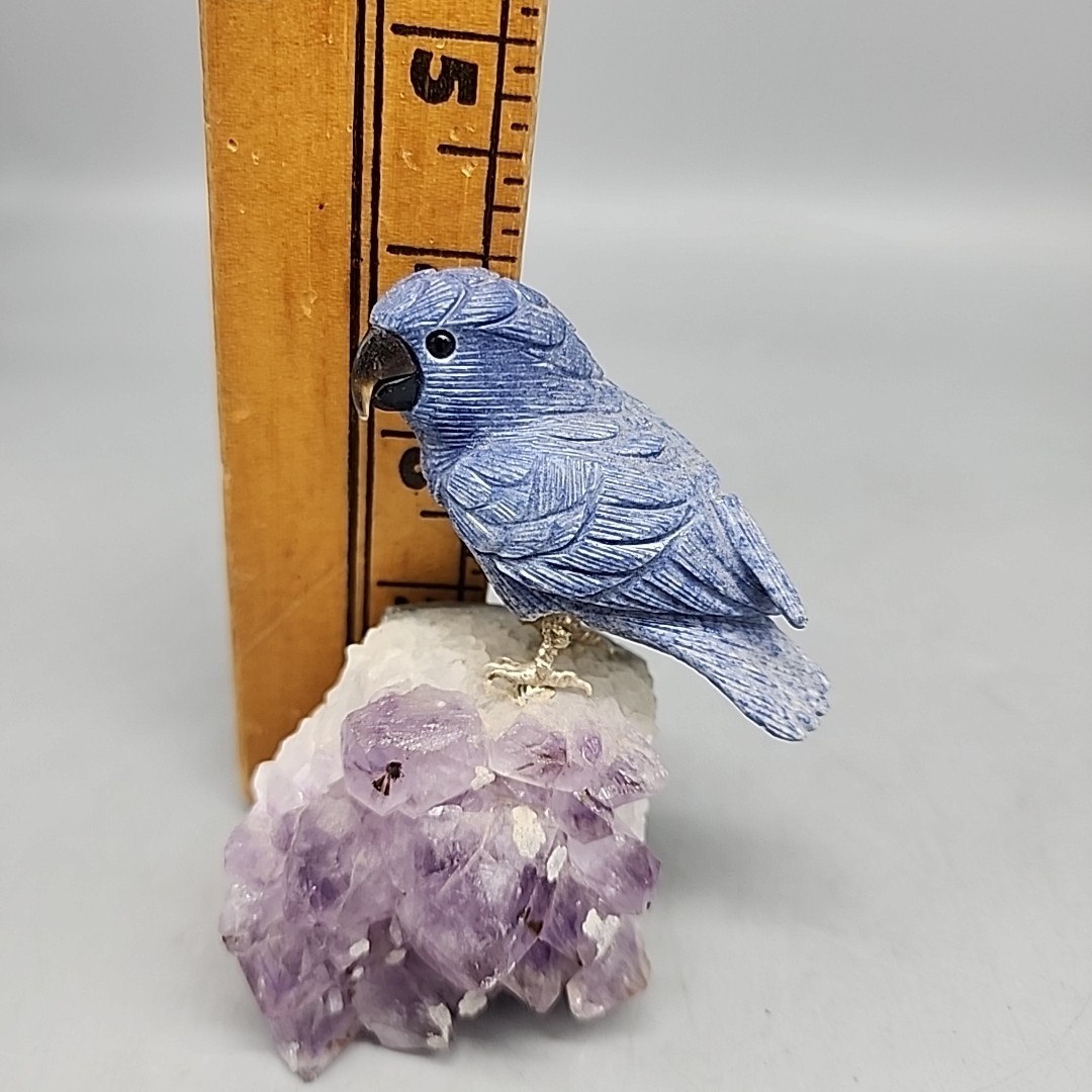 Vintage gemstone Blue Ceramic Macaw perched on Purple amethyst base 4″