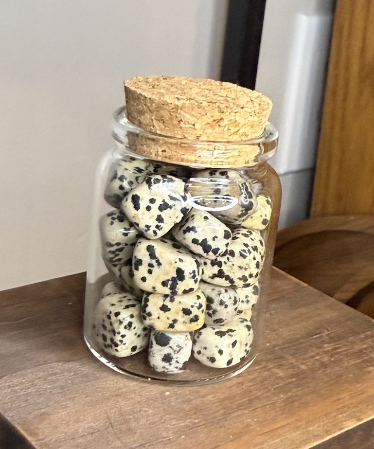 Dalmatian Jasper Polished Tumbles – Clear Glass Jar Included