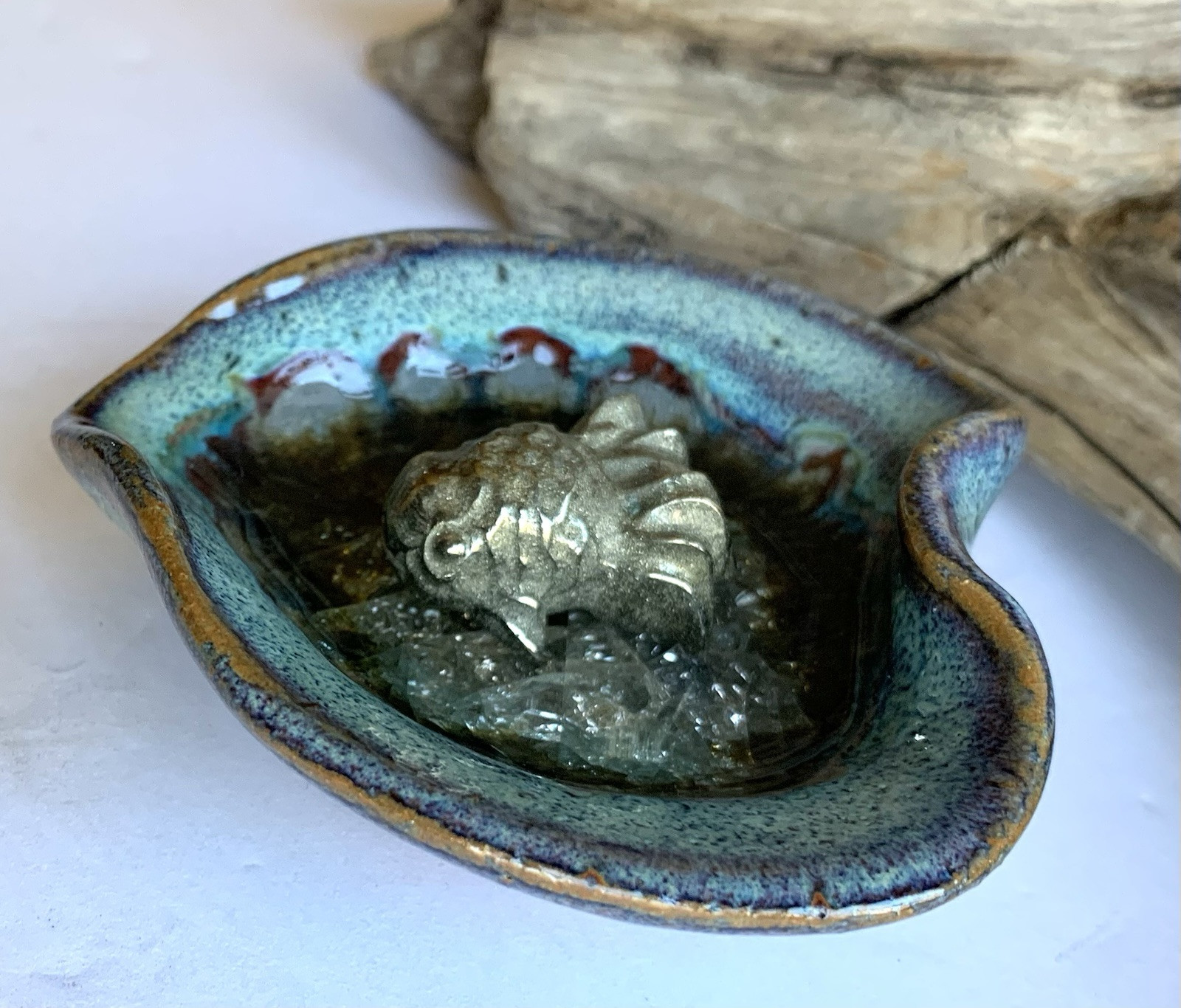 Handcrafted Pyrite Fancy Goldfish In Ceramic Crystal Pond Healing Mini Sculpture