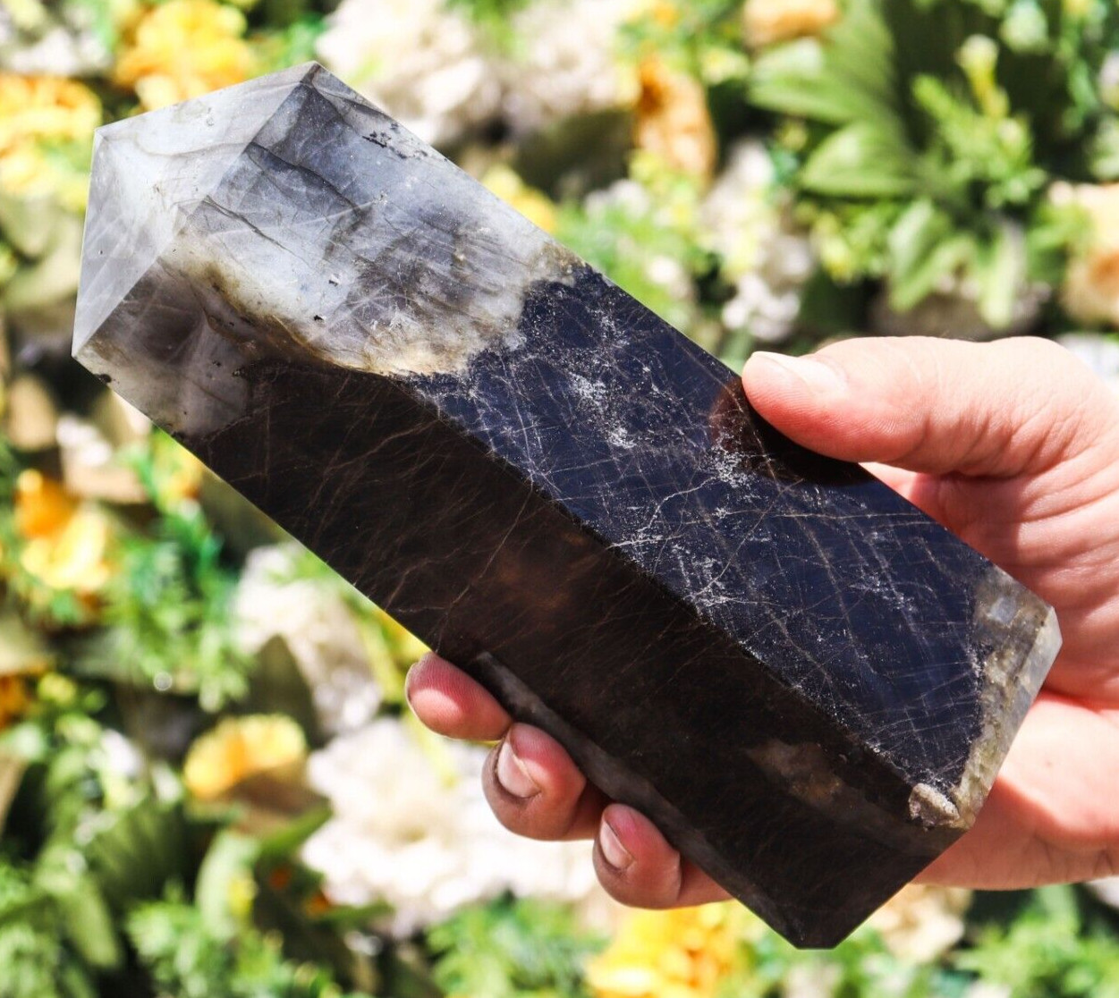 180MM Black Tourmaline Labradorite Obelisk Chakra Energy Gemstone Faceted Tower