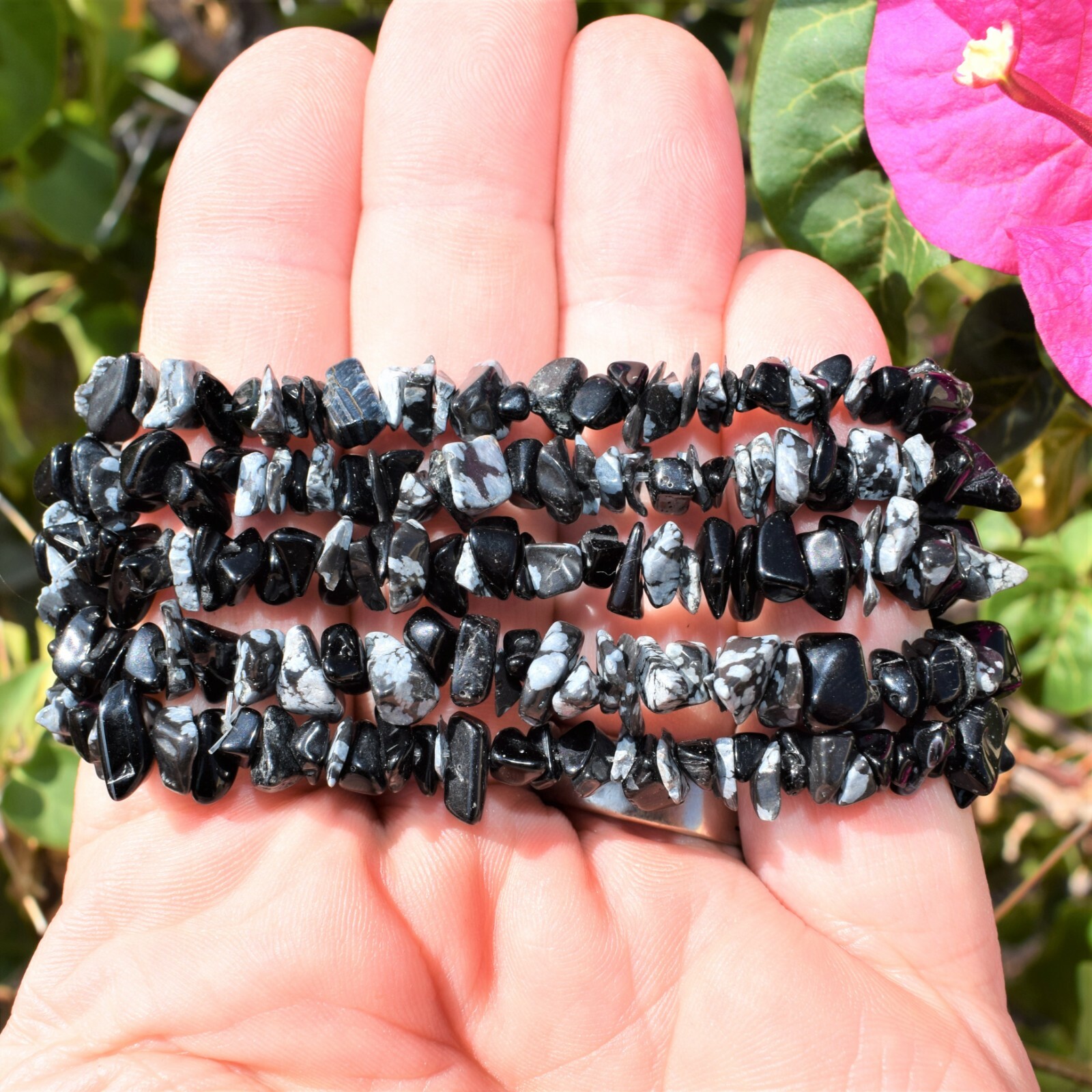 Charged Snowflake Obsidian Crystal Chip Bracelet + Selenite Puffy Heart