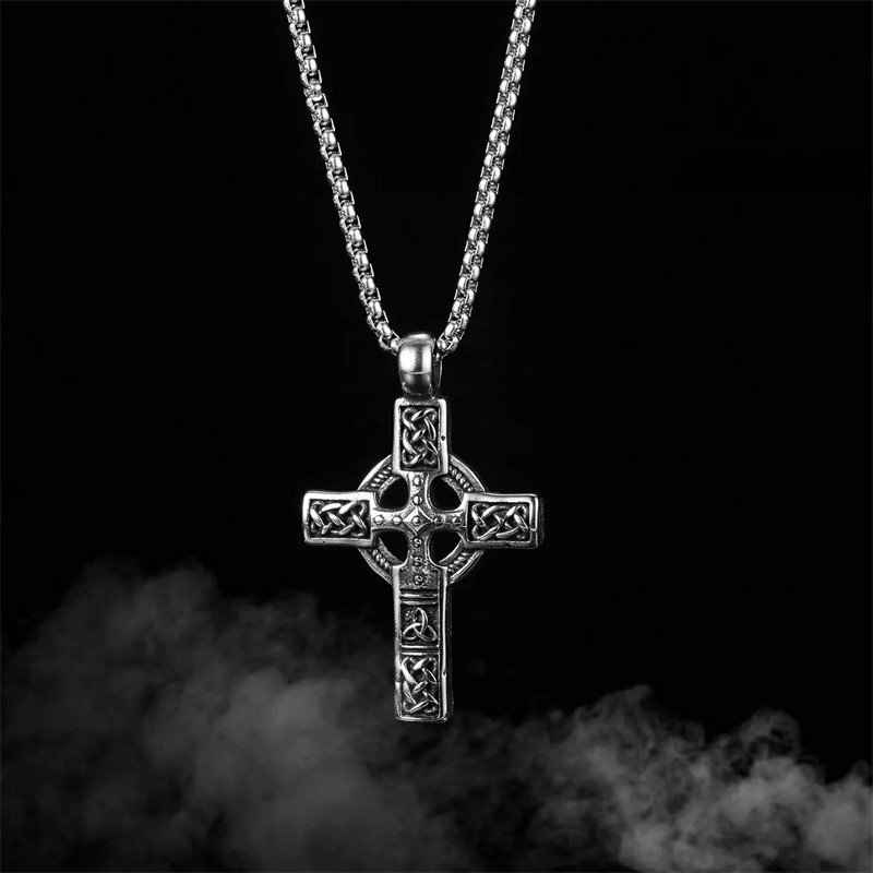Mens Irish Celtic Trinity Knot Cross Pendant Necklace Stainless Steel Set 1PC