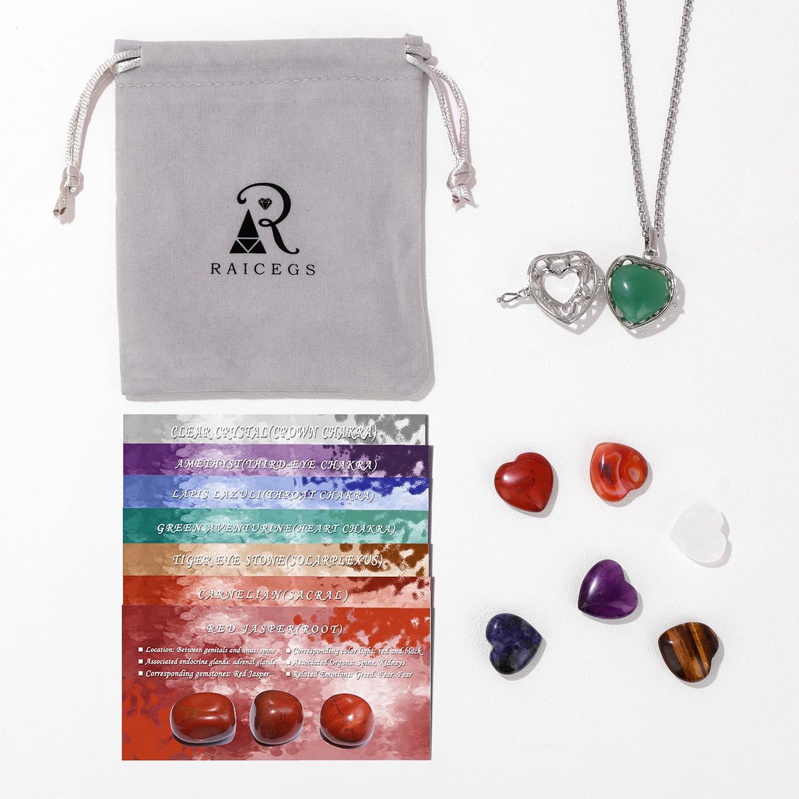 Heart Shaped Crystals and Healing Stones 7 Chakra Crystal Necklace 0.8 inch H…