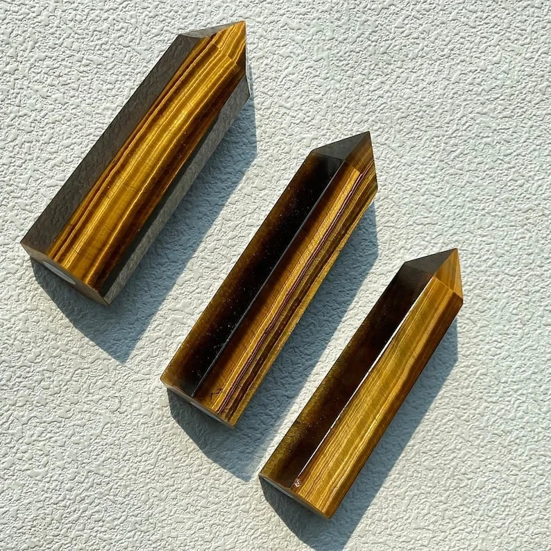 1PC Tiger Eye Tower Obelisk Point Wand Golden Crystal Healing Protection Wealth
