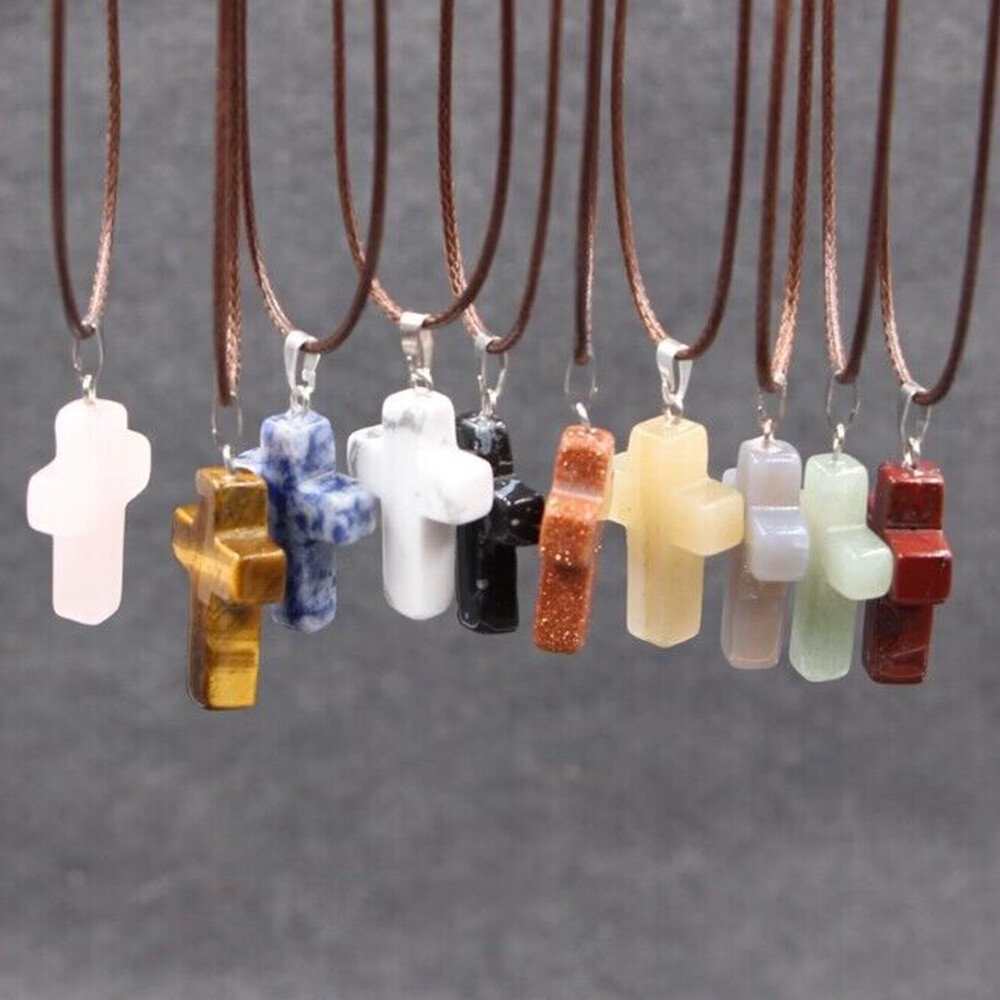 Natural Quartz Crystal Cross Pendant Chakra Stone Mixed Crucifix Shape Decor DIY