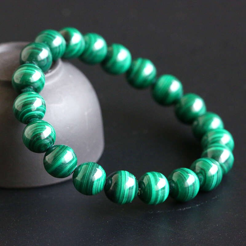 Natural Malachite Bracelet with Smooth and Clear Lines Round Beads for women men