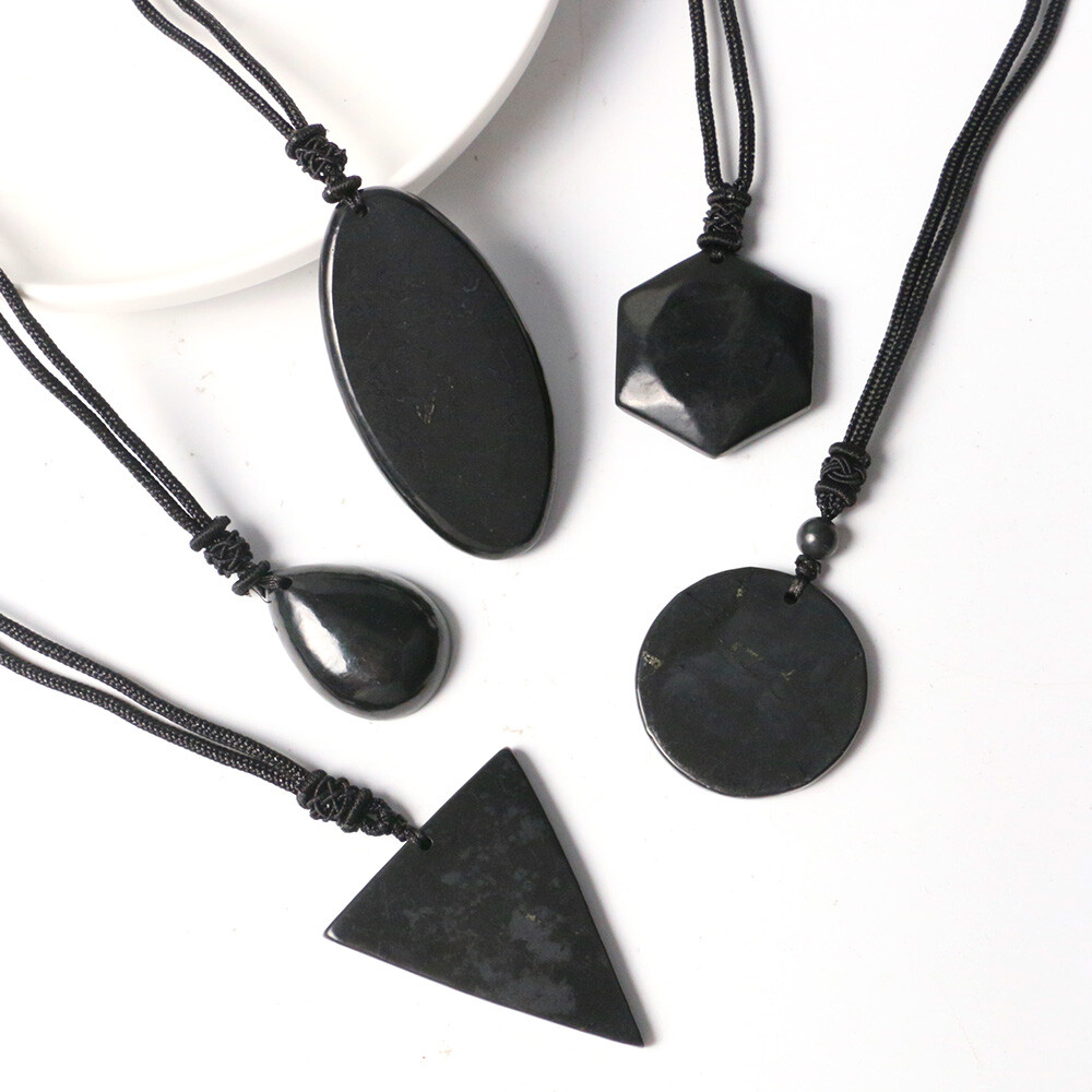 Shungite Stones Crystal Necklace Rope Pendant Reiki Healing Protection EMF Gift